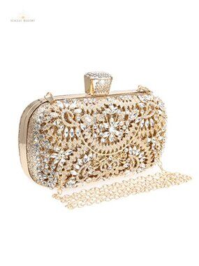 Sparkly Rhinestone Sequin Crystal Clutch Bag with Metal Frame and Removable